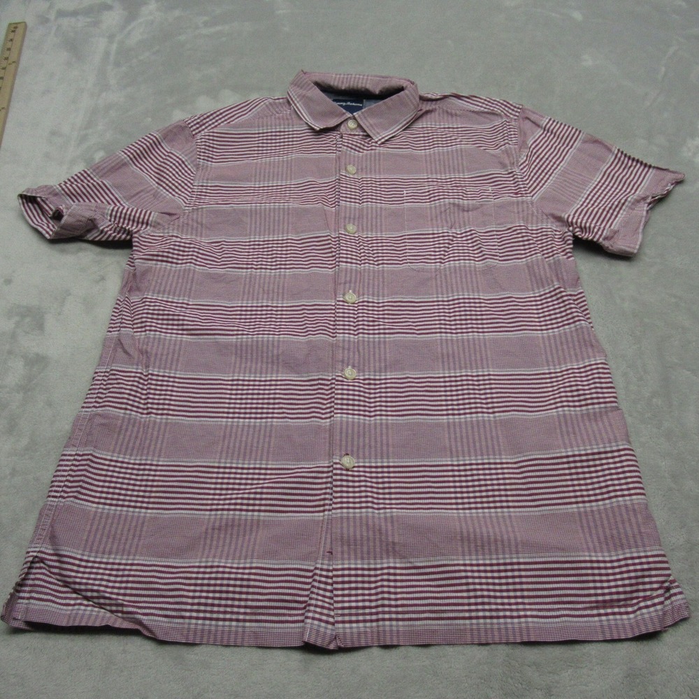 Tommy Bahama Shirt Men Large Maroon White Plaid Silk Blend Pocket Short Sleeve